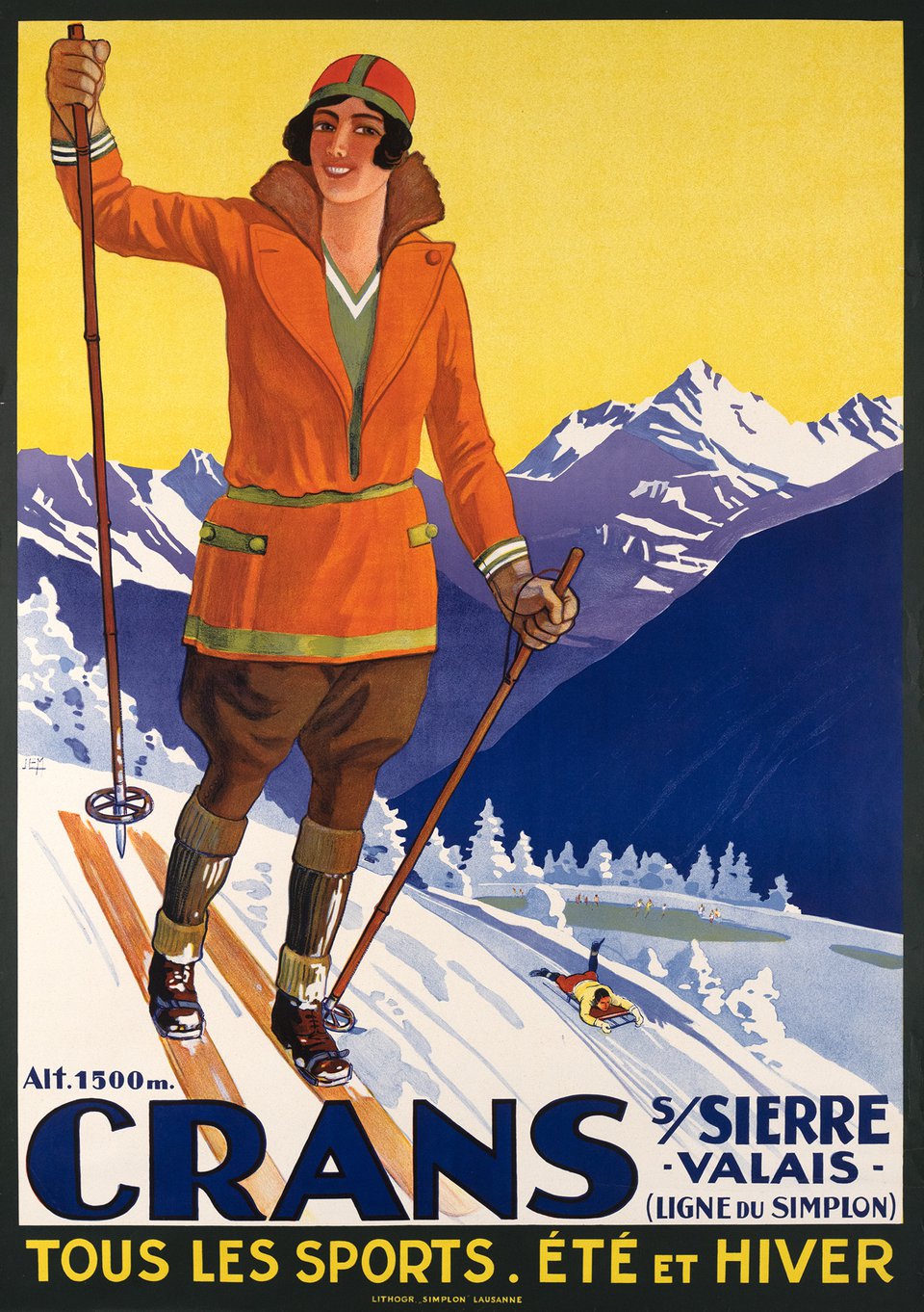Crans sur Sierre, Valais, Tous les sports, Été et hiver – Vintage poster – Johannes Emil MÜLLER – 1925