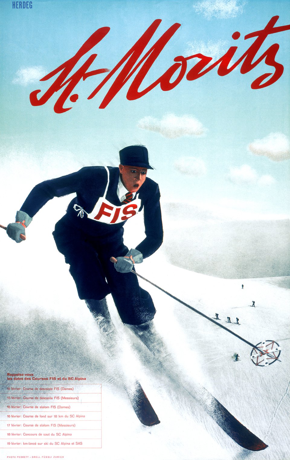 St. Moritz, course FIS et du  SC Alpina – Affiche ancienne – Walter HERDEG – 1934