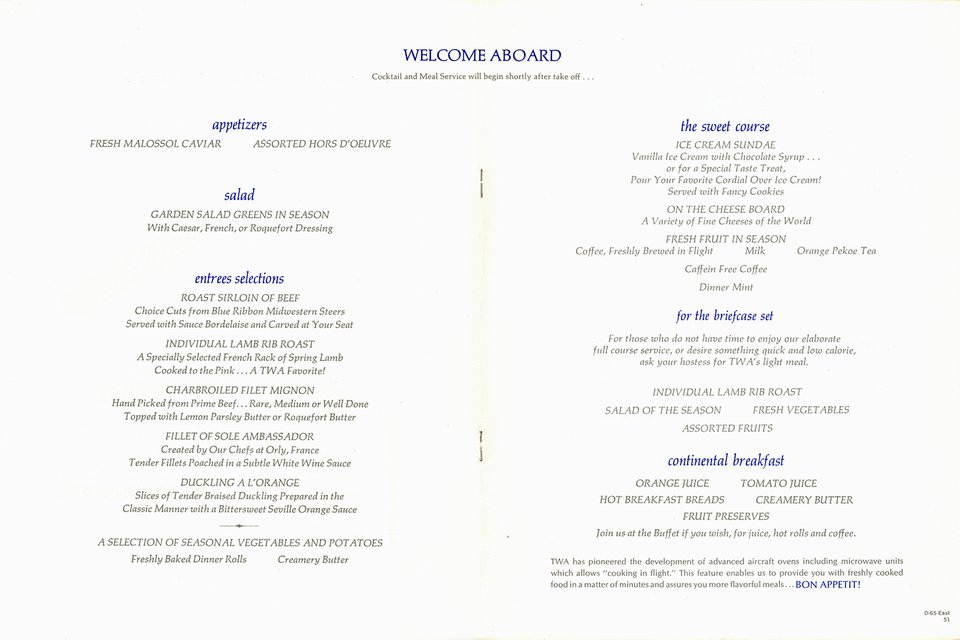 Menu TWA Rome