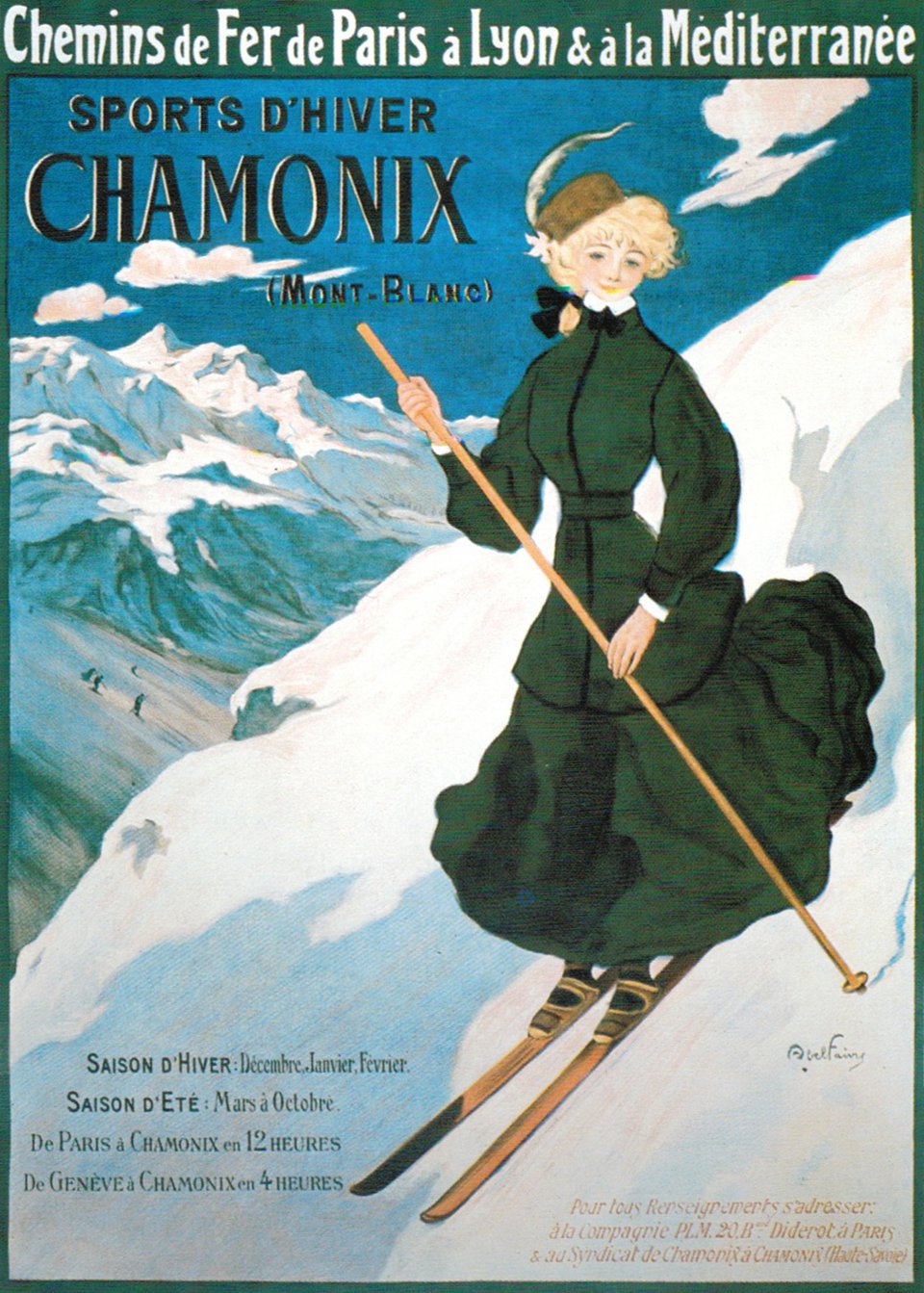 Affiche Vintage Chamonix Mont-Blanc Henry REB - Reproduction Sur Papier Satiné 190g/m2, Format 38x60 Cm - Décoration Murale