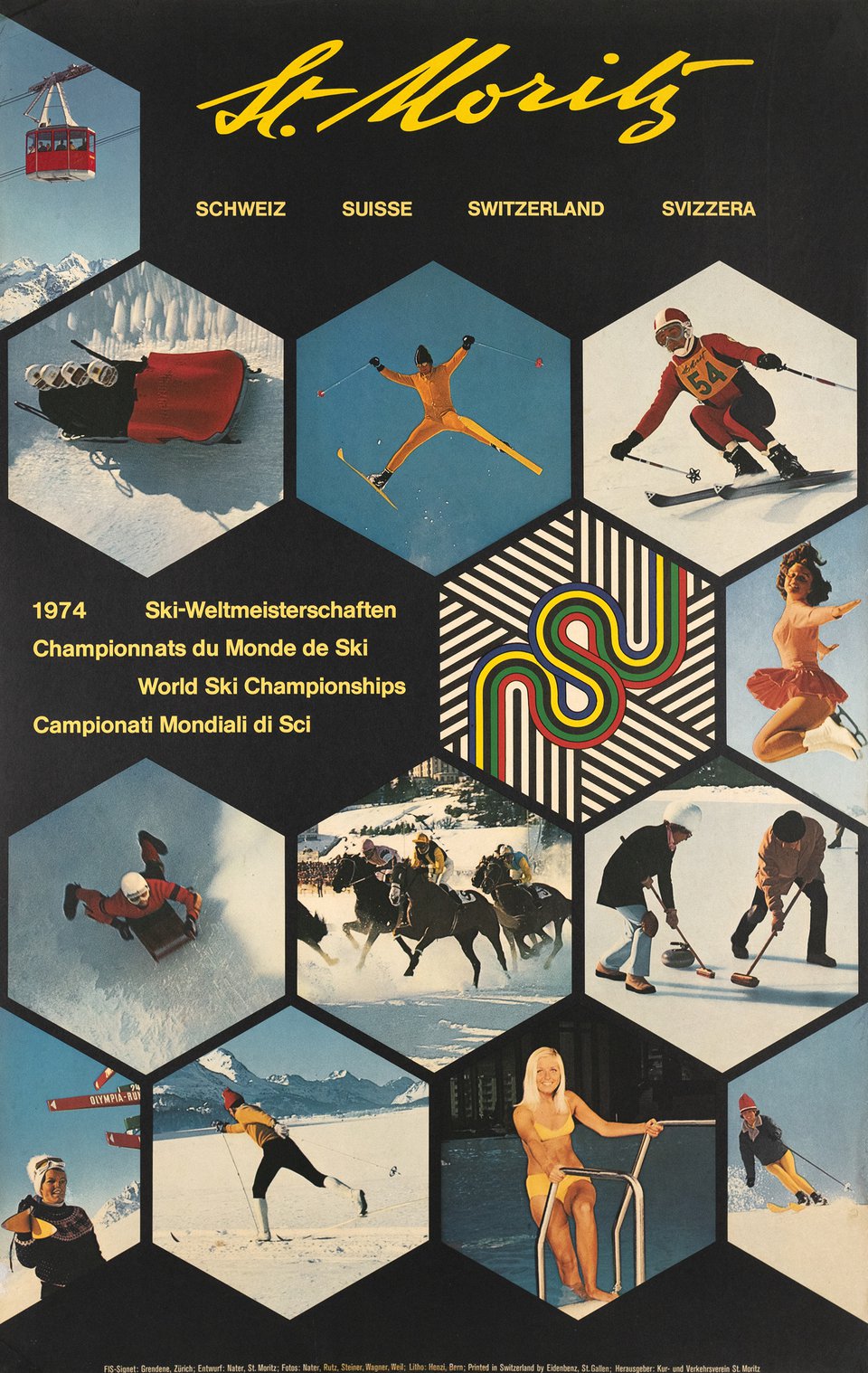 St.Moritz, Suisse, Ski-Weltmeisterschaften – Affiche ancienne – NATER – 1974