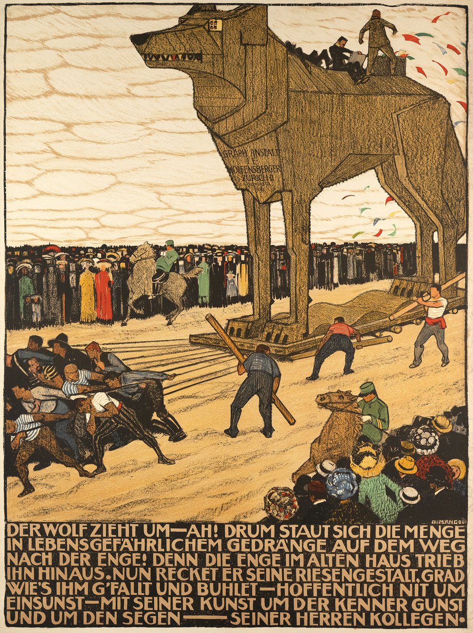 Der Wolf zieht um, Graph. Antstalt J.E. Wolfensberger, Zurich – Affiche ancienne – Burkhard MANGOLD – 1910