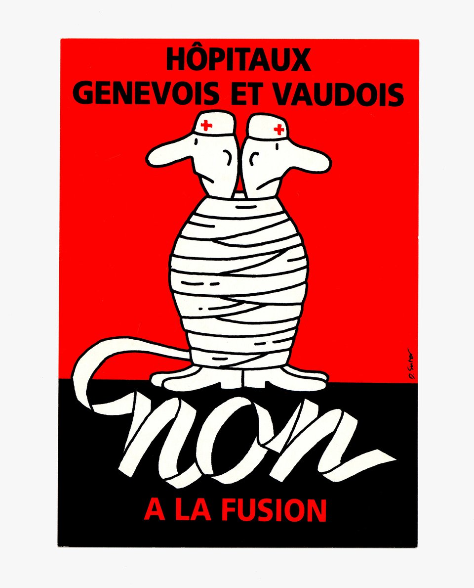 Hôpitaux genevois et vaudois, NON à la fusion – Affiche ancienne – Daniel SUTER – 1998