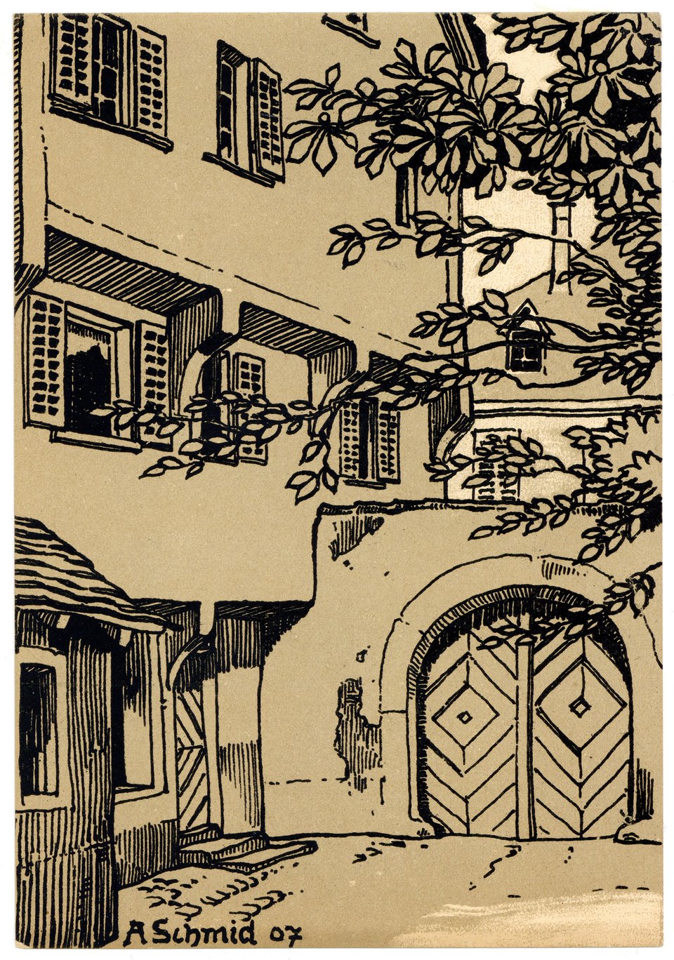 Cour d'une vieille maison de Constance, Carte Mono – Affiche ancienne – A SCHMID – 1908