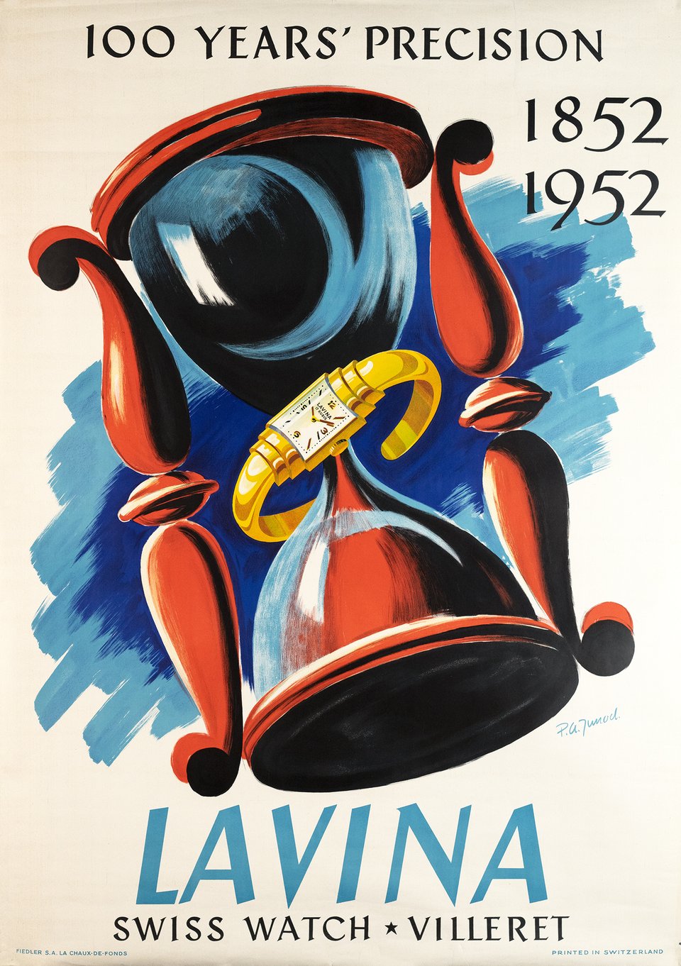 Lavina Swiss watch - Villeret, 100 years' precision 1852-1952, – Vintage poster – Pierre-Alexandre JUNOD – 1952