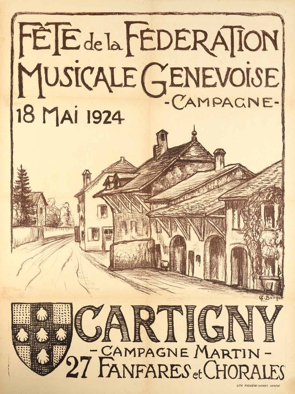 Fête de la Fédération Musicale Genevoise, Cartigny – Affiche ancienne – BERGER – 1924