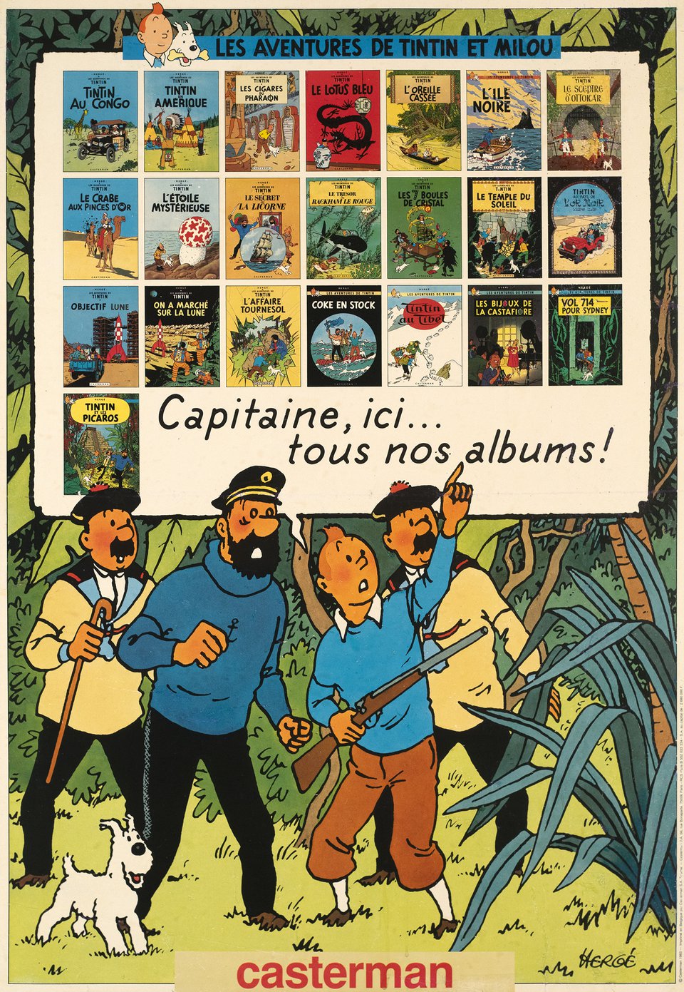 Les aventures de Tintin et Milou, Capitaine, ici... Tous nos albums! – Vintage poster – HERGE – 1983