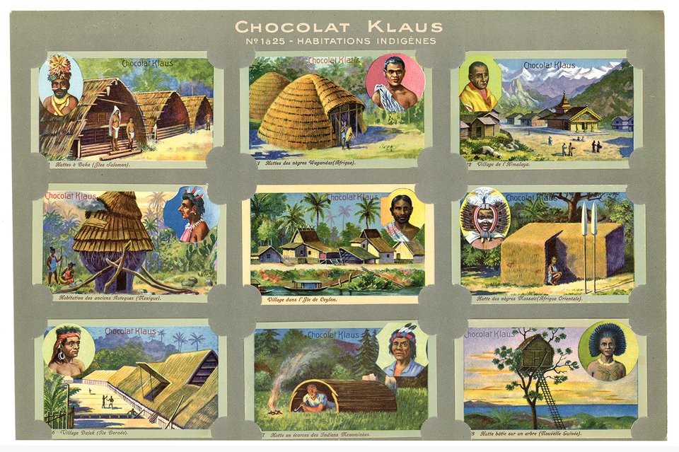 Chocolat Klaus, cartes chromos Habitation indigènes – Affiche ancienne – ANONYMOUS – 1905