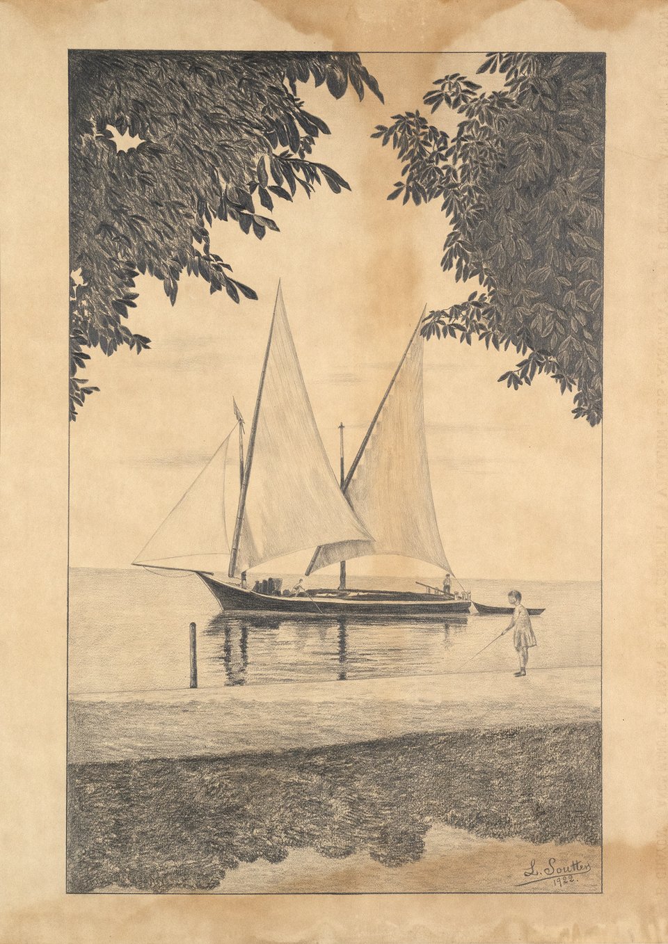 Barque du Léman, Dessin au crayon de L. Soutter – Affiche ancienne – Louis SOUTTER – 1922
