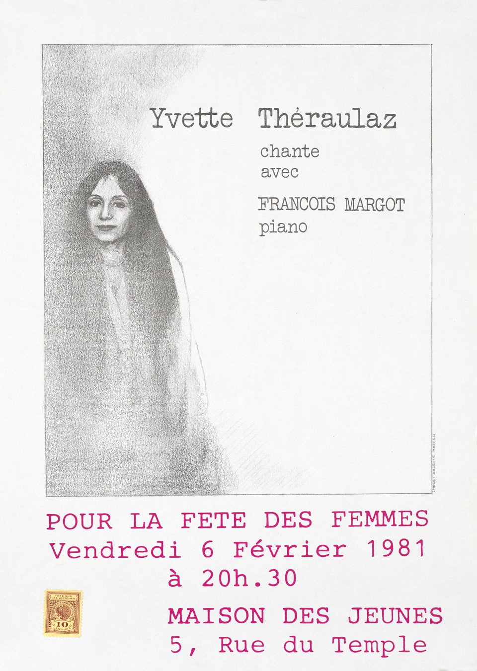 Yvette Théraulaz chante avec François Margot, Piano, Pour la Fête des Femmes – Affiche ancienne – Josette MORIER – 1981