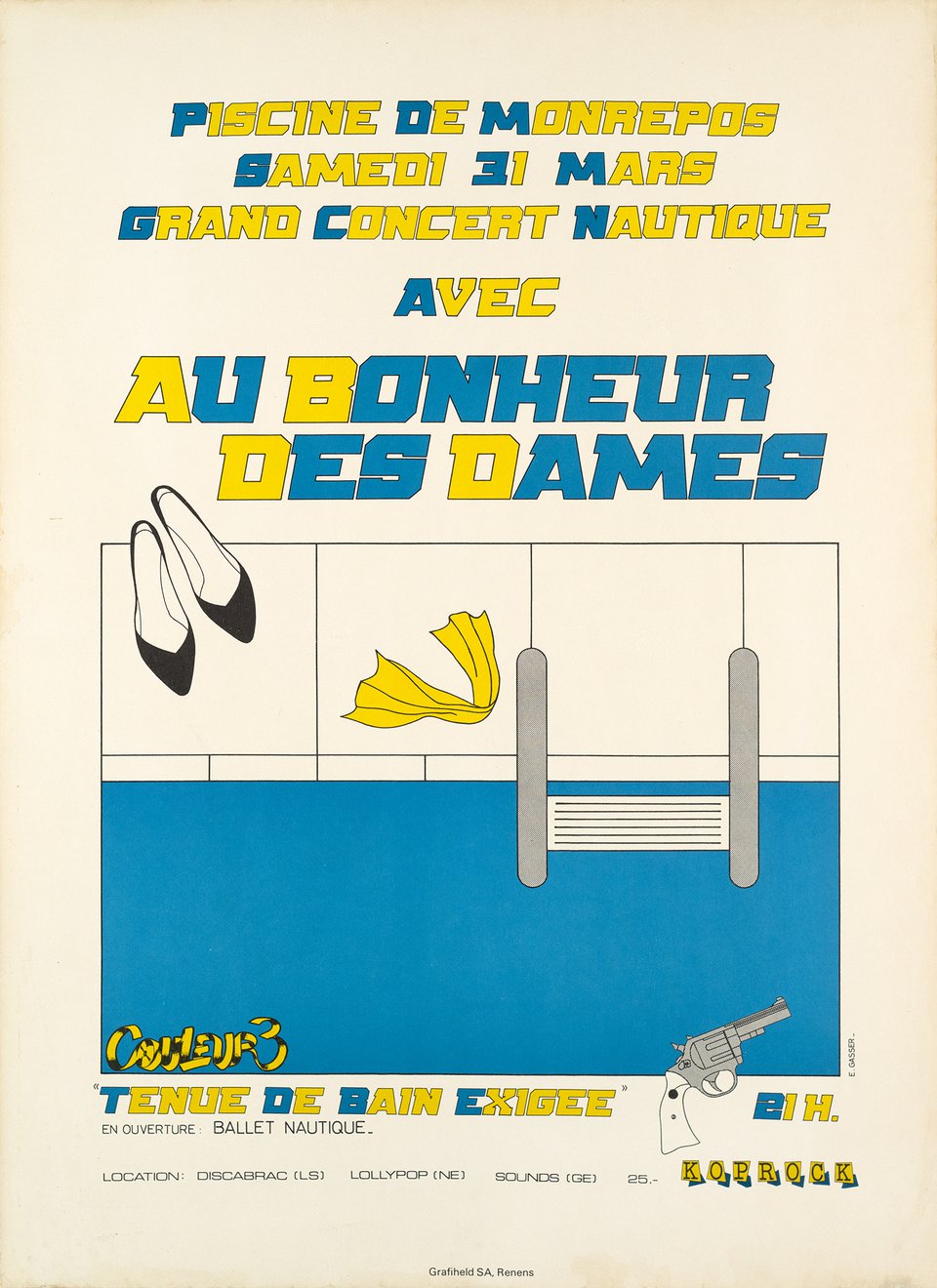 Piscine de Montrepos, Grand concert nautique avec Au Bonheur des Dames – Affiche ancienne – E. GASSER – 1985