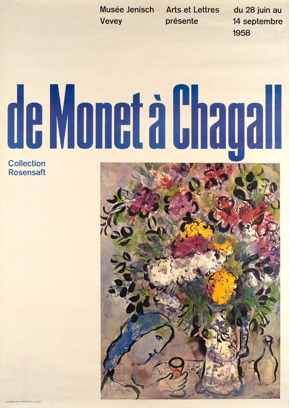 De Monet à Chagall, Collection Rosenschaft, Musée Jenisch, Vevey – Affiche ancienne – Marc CHAGALL – 1958