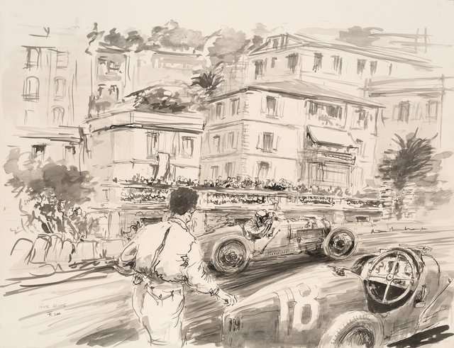 Maserati 250 F, Monaco, Dessin original à l'Encre de Chine de F. Chevallier, Sté Devote