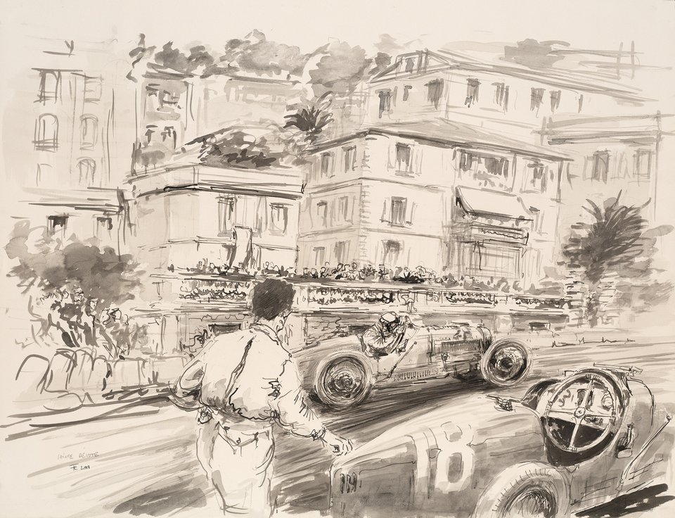 Maserati 250 F, Monaco, Dessin original à l'Encre de Chine de F. Chevallier, Sté Devote – Affiche ancienne – François CHEVALIER – 2001