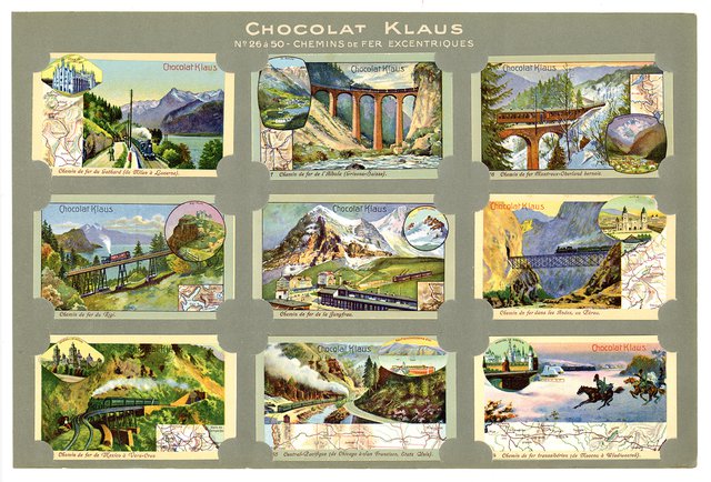 Chocolat Klaus, cartes chromos, chemins de fer excentriques