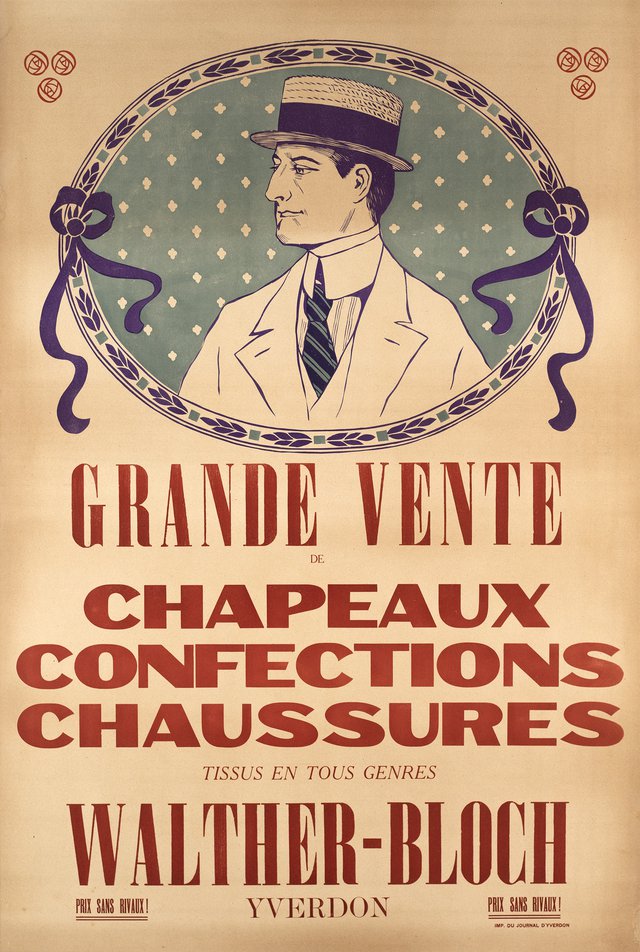 Grande vente de chapeaux, Confections chaussures, Tissus en tous genres, Walther-Bloch, Yverdon
