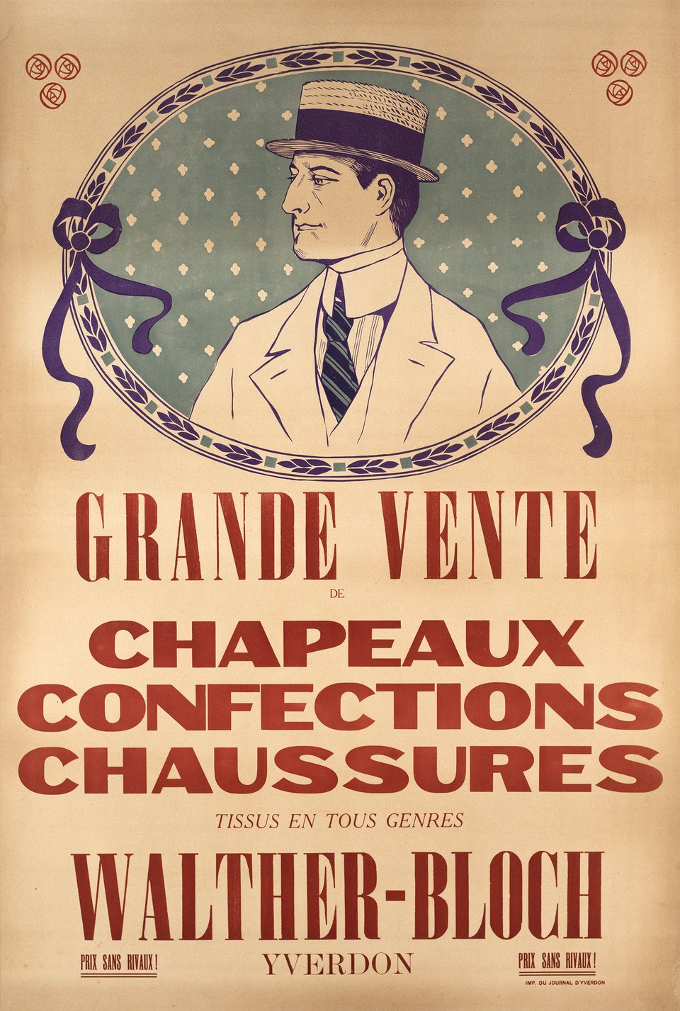 Grande vente de chapeaux, Confections chaussures, Tissus en tous genres, Walther-Bloch, Yverdon – Vintage poster – ANONYMOUS – 1920