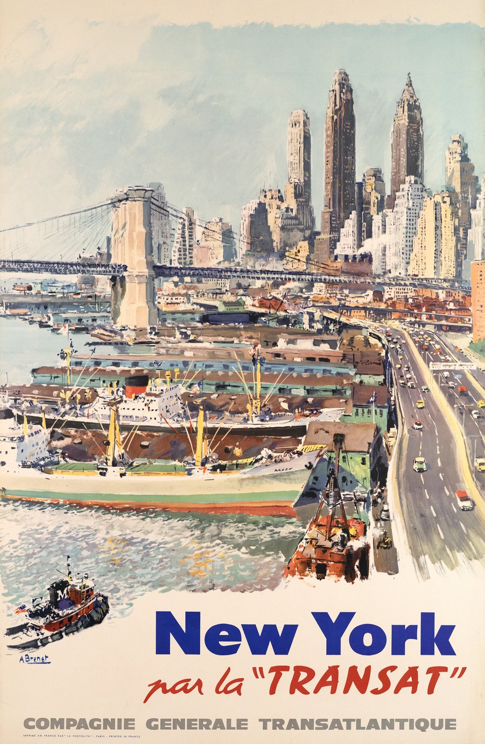 New York par la "Transat", Compagnie Générale Transatlantique – Affiche ancienne – Albert BRENET – 1958