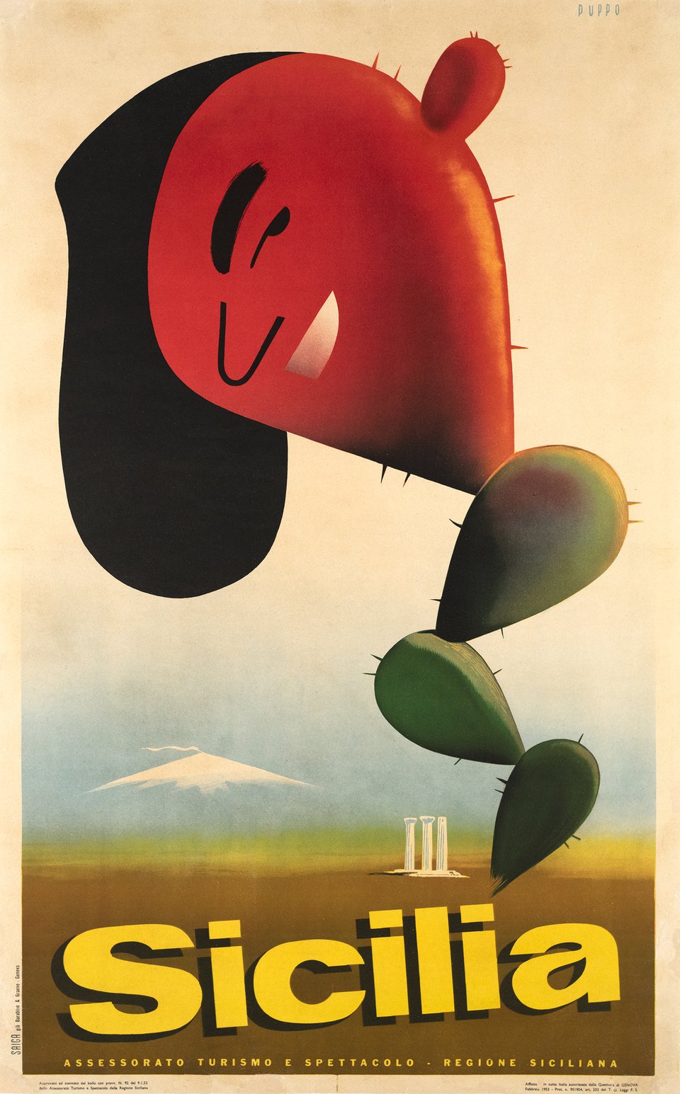 Sicilia, Assessorato Turismo e Spettacolo, Regione Siciliana – Vintage poster – Mario PUPPO – 1953