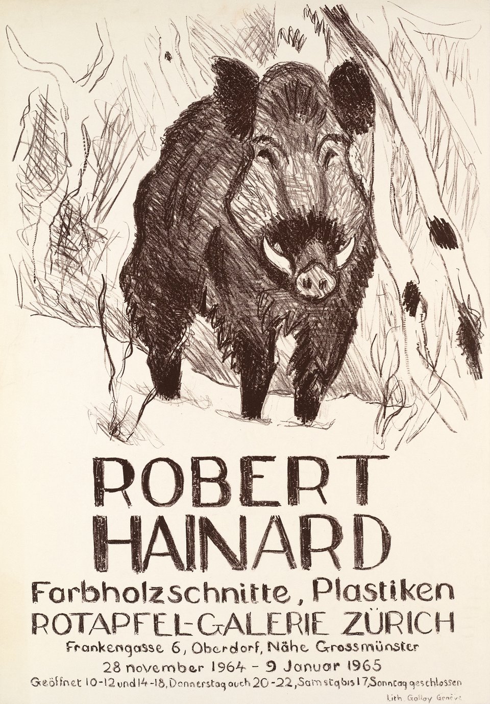 Robert Hainard, Farbholzschnitte, Plastiken, Rotapfel-Galerie, Zürich – Vintage poster – Robert HAINARD – 1964