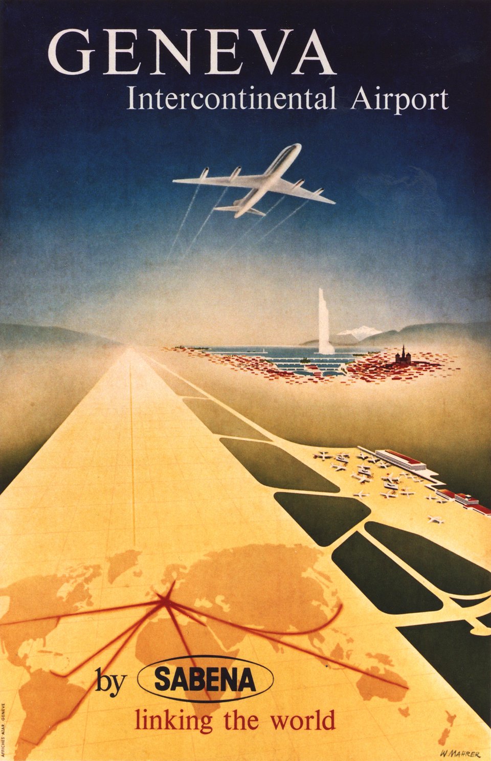 Sabena - Geneva Intercontinental Airport, by Sabena linking the world – Affiche ancienne – Walter MAHRER – 1958