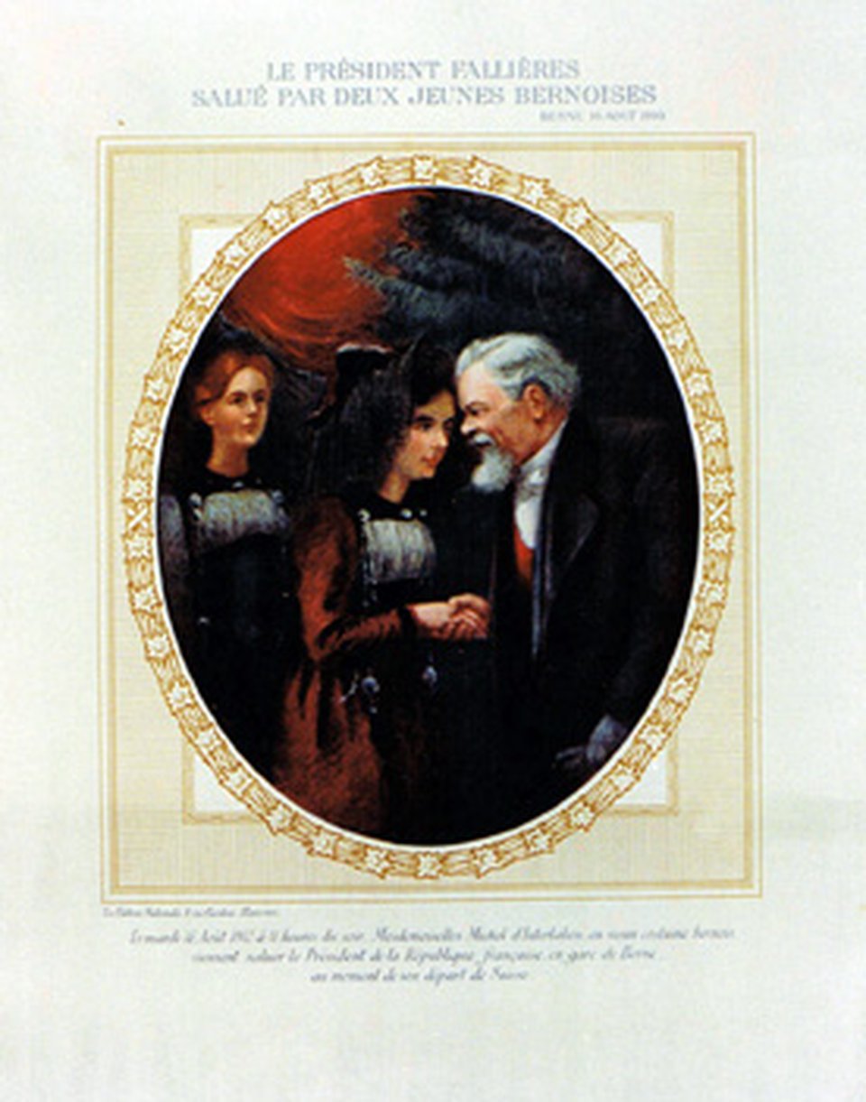 Le président Fallières salué par deux jeunes bernoises – Vintage poster – Noel DORVILLE – 1910