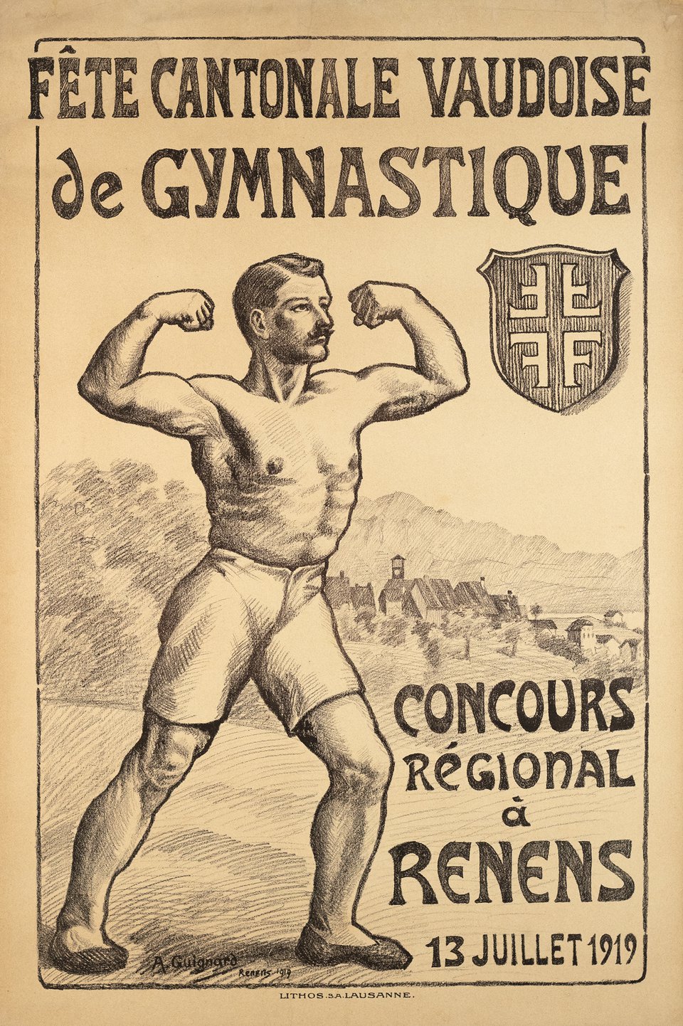 Fête Cantonale Vaudoise de Gymnastique, Renens – Affiche ancienne – A. GUIGNARD – 1919