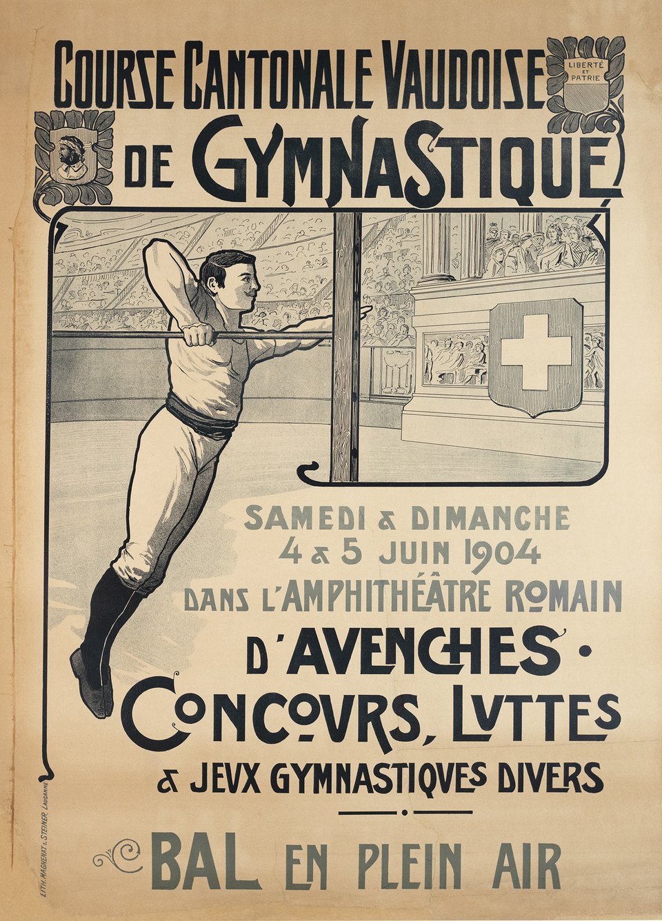 Course Cantonale Vaudoise de Gymnastique, Concours, Luttes & Jeux Gymnastique divers – Vintage poster – ANONYMOUS – 1904
