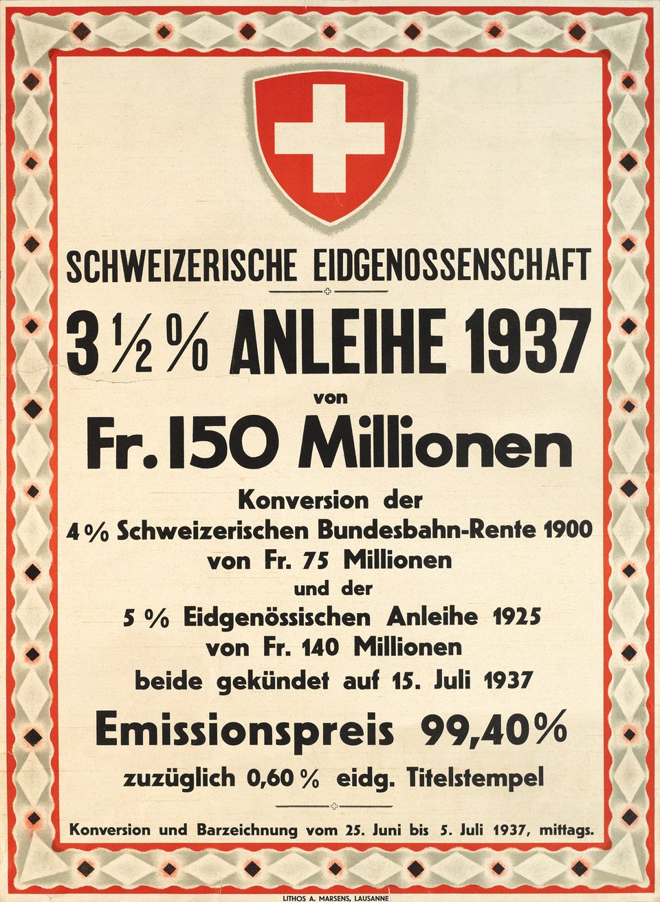 Schweizerische Eidgenossenschaft, 3,2% Anleihe 1937 von Fr.150 Millionen – Vintage poster – ANONYMOUS – 1937