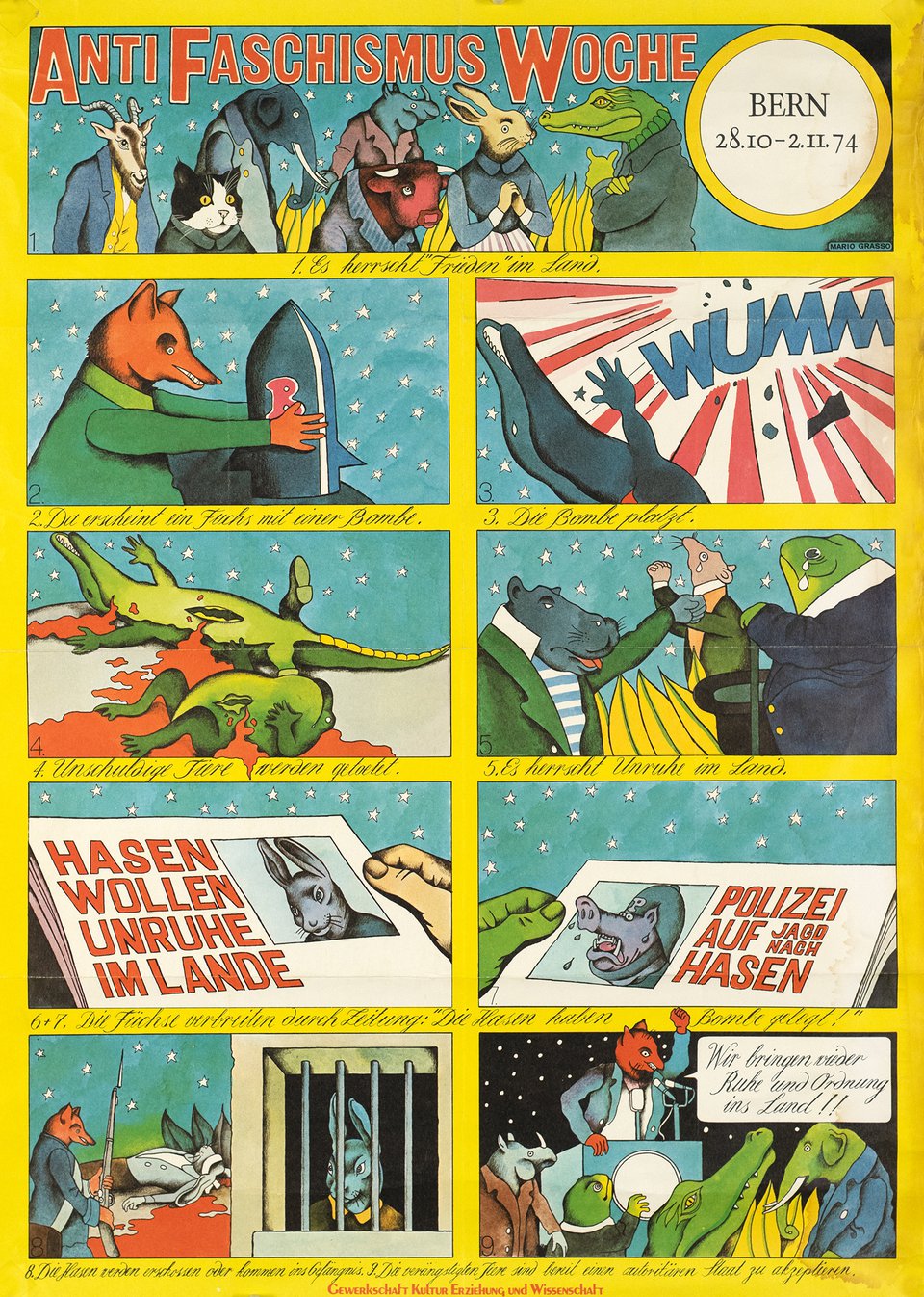 Anti Faschismus Woche, Bern – Affiche ancienne – Mario GRASSO – 1974