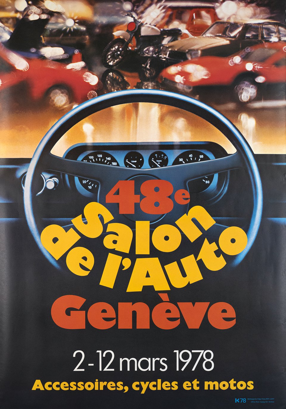 48ème Salon de l'Auto - Genève - 2-12 mars 1978 - Accessoires, cycles et motos – Affiche ancienne – Edgar KUNG – 1978