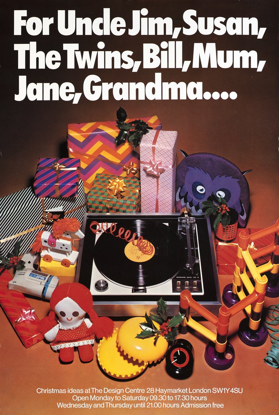 For Uncle Jim, Susan, The Twins, Bill, Mum, Jane, Grandma... Christmas ideas at The Design Centre – Vintage poster – ANONYMOUS – 1975