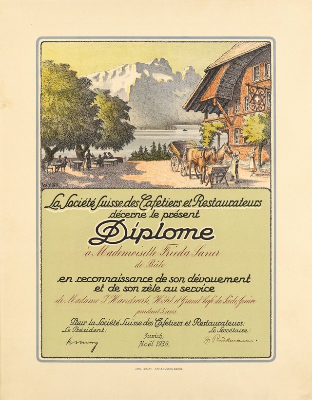 La Société Suisse des Cafetiers et Restaurateurs décerne le présent Diplome à Mademoiselle Frieda Laner