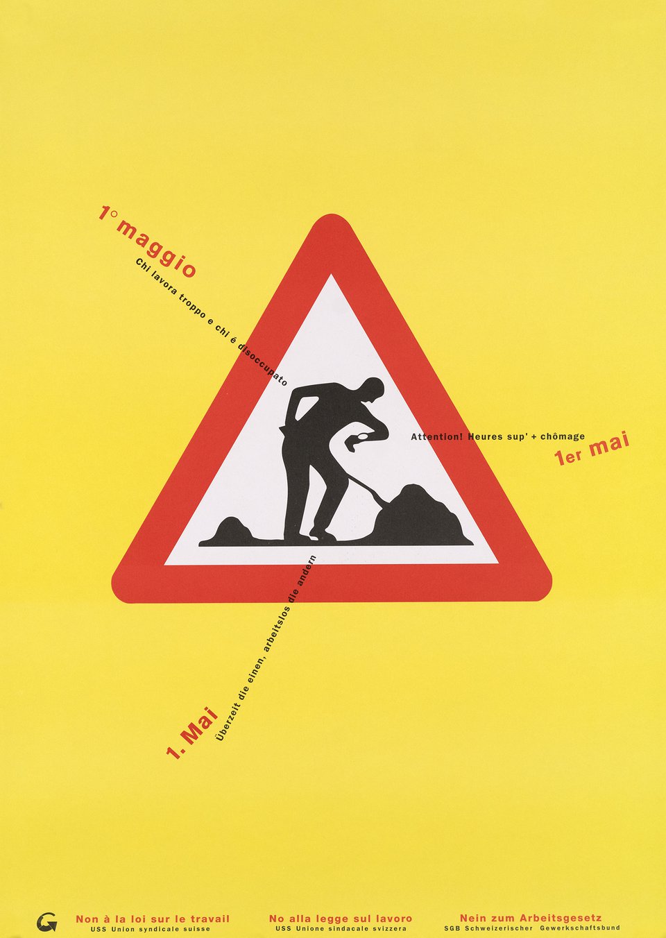 1er Mai, Attention! Heures sup' + chômage, Non à la loi sur le travail, Union Syndical Suisse – Affiche ancienne – ANONYMOUS – 1995