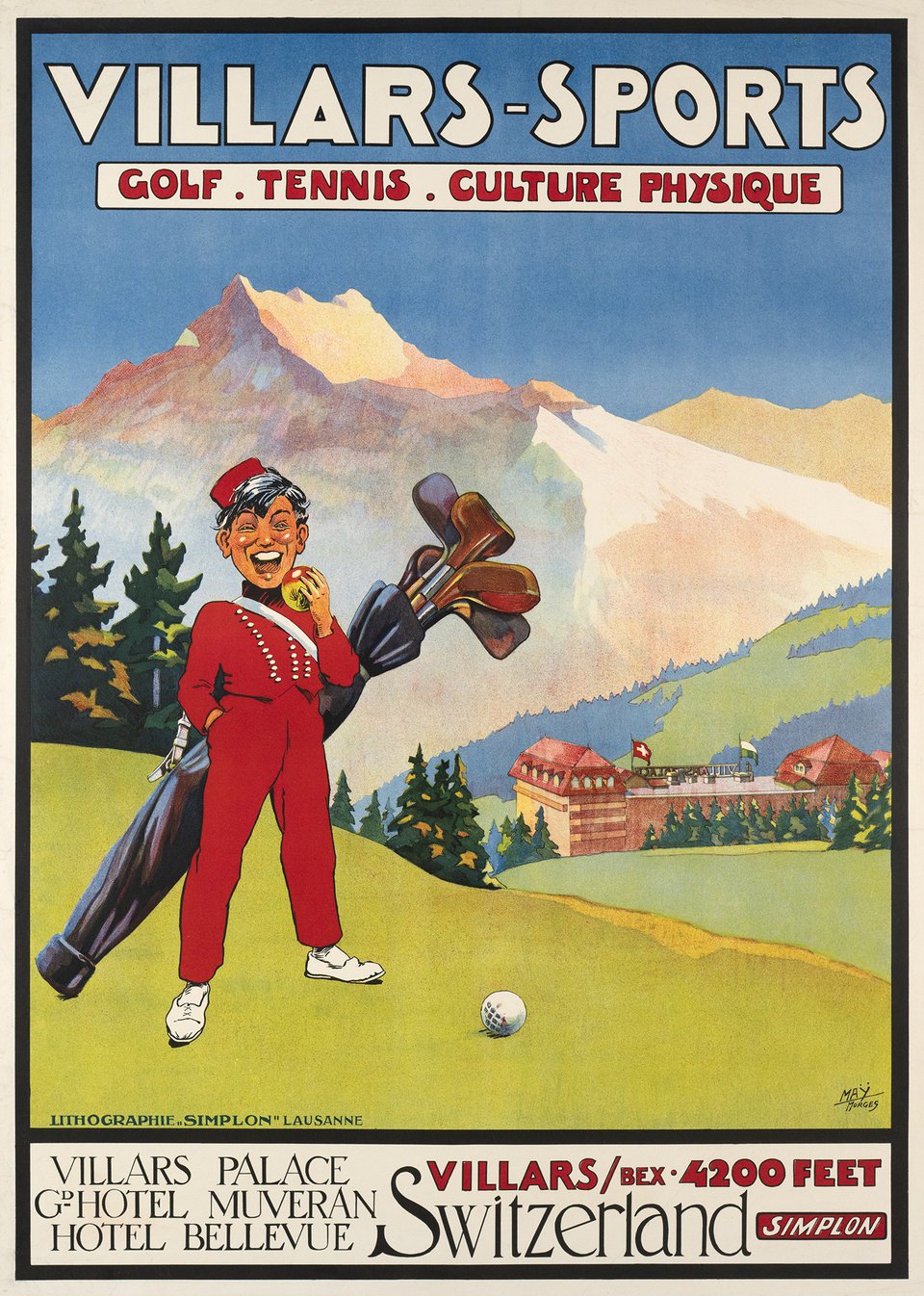 Villars-Sports, Villars Palace, Gd Hôtel Muveran, Hotel Bellevue. – Vintage poster – Walther de MAY – 1925