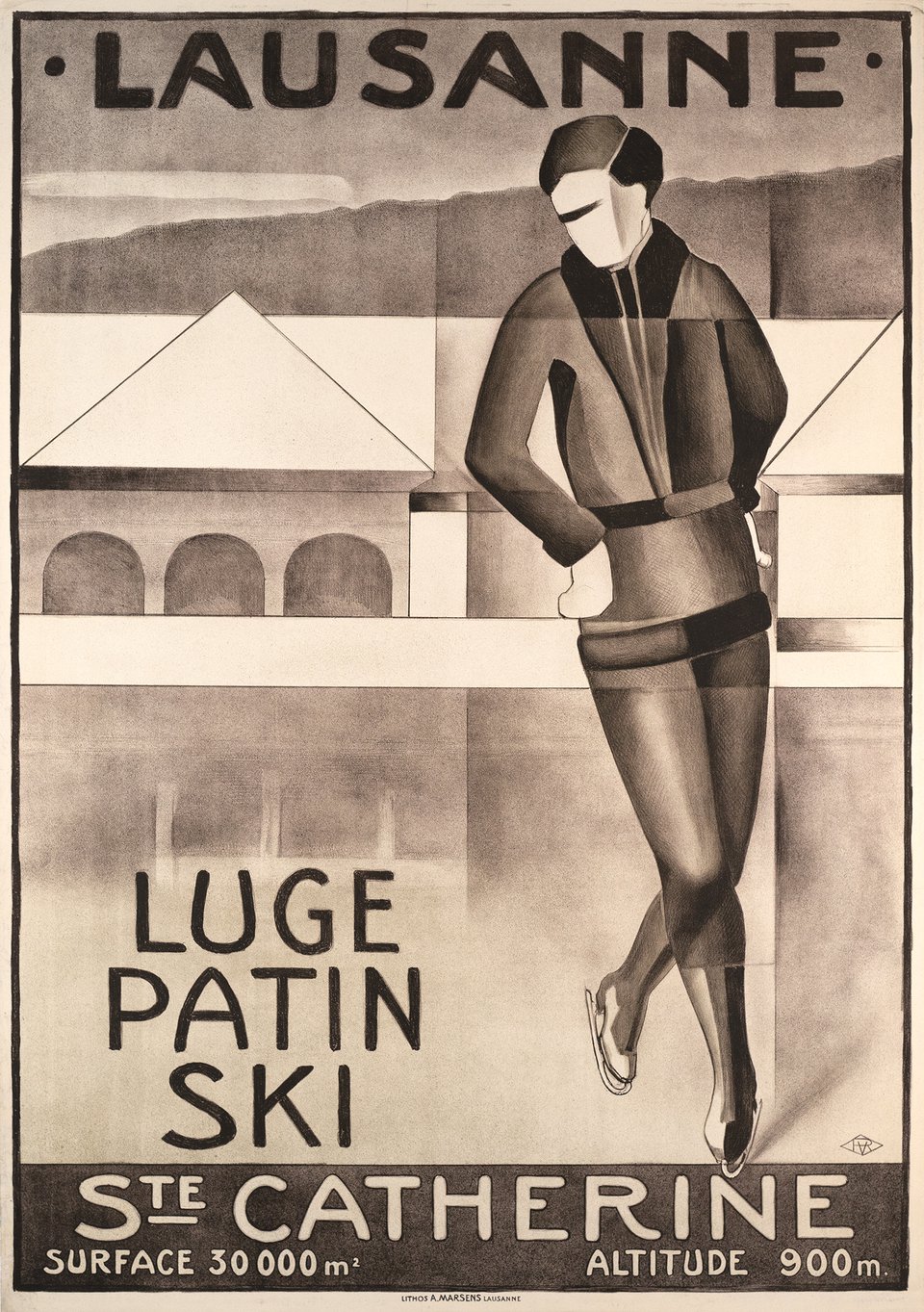 Lausanne, luge patin ski, Ste Catherine – Affiche ancienne – Violette ROSSET – 1930