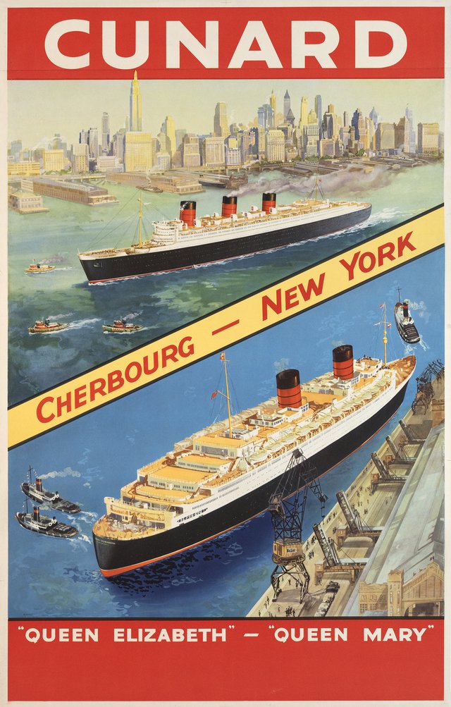 Cunard, Cherbourg - New York, Queen Mary - Queen Elizabeth