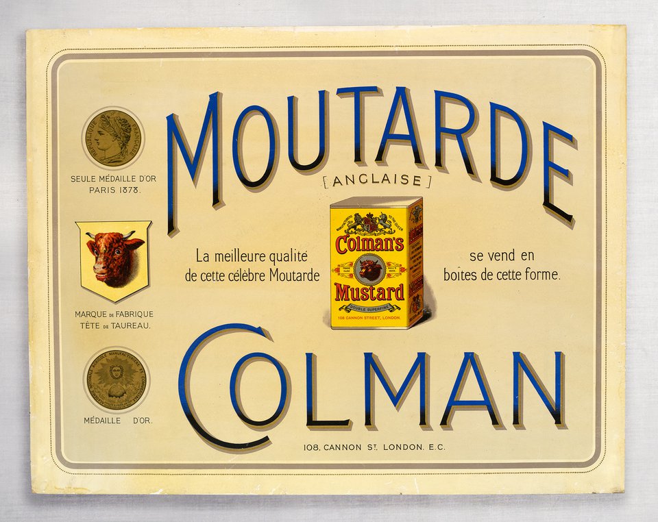 Moutarde Colman, La meilleure qualité de cette célèbre moutarde se vend en boîtes de cette forme – Affiche ancienne – ANONYMOUS – 1920