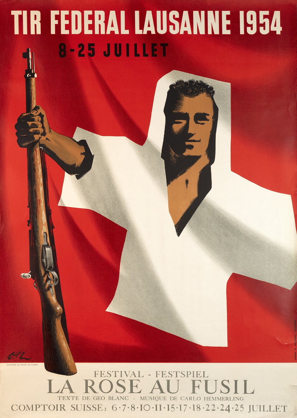 Tir fédéral Lausanne 1954, La rose au fusil – Vintage poster – Henri OTT – 1954