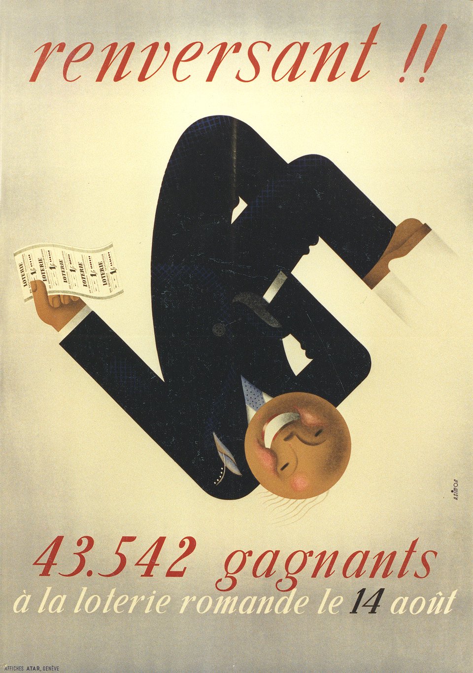 Loterie Romande : renversant !! Prix de l'Affiche Suisse – Affiche ancienne – André SIMON – 1943
