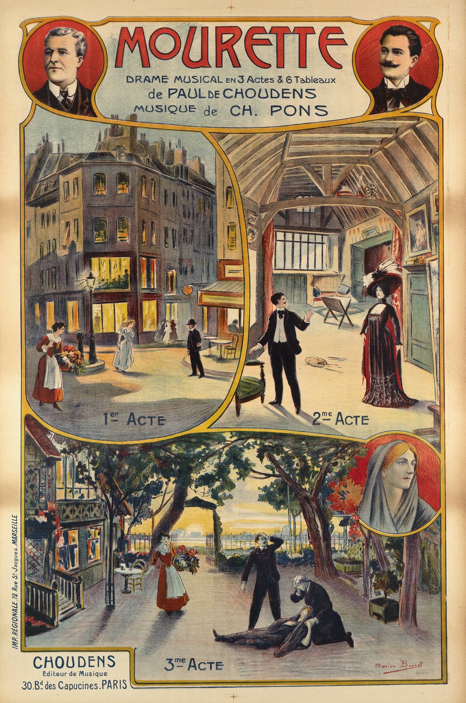 Mourette, Drame Musicale en 3 Actes & 6 Tableau, de Paul Choudens – Affiche ancienne – Marius BARRET – 1900