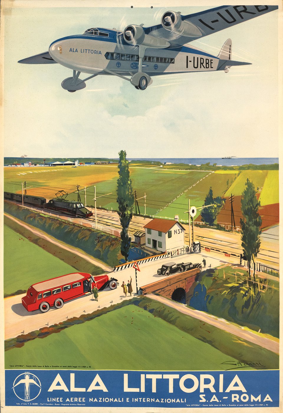 Ala Littoria, Linee Aeree Nazionali et Internazionale – Affiche ancienne – G. FERRARI – 1935