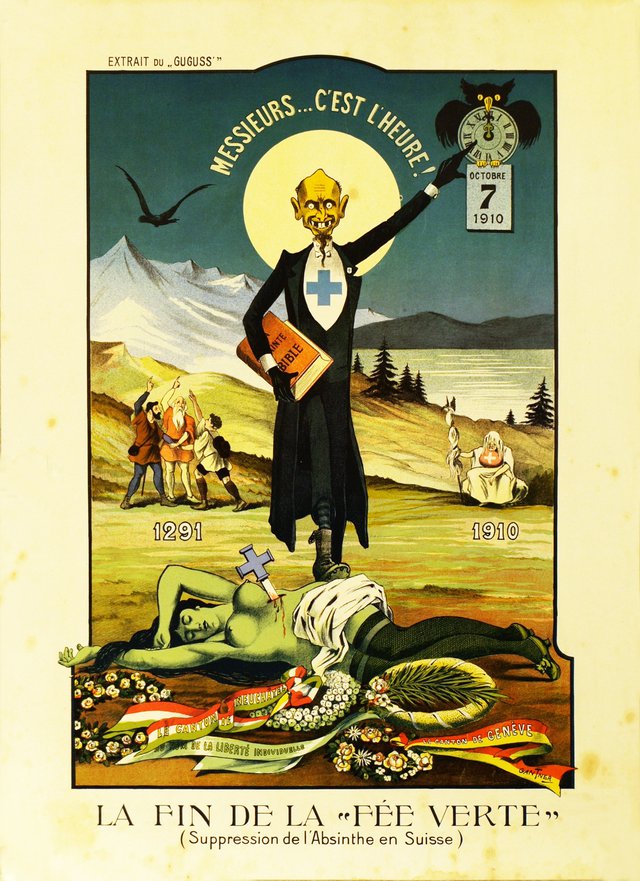 Messieurs C'est l'heure ! 7 octobre 1910. La fin de la "Fée verte" Suppression de l'Absinthe en Suisse