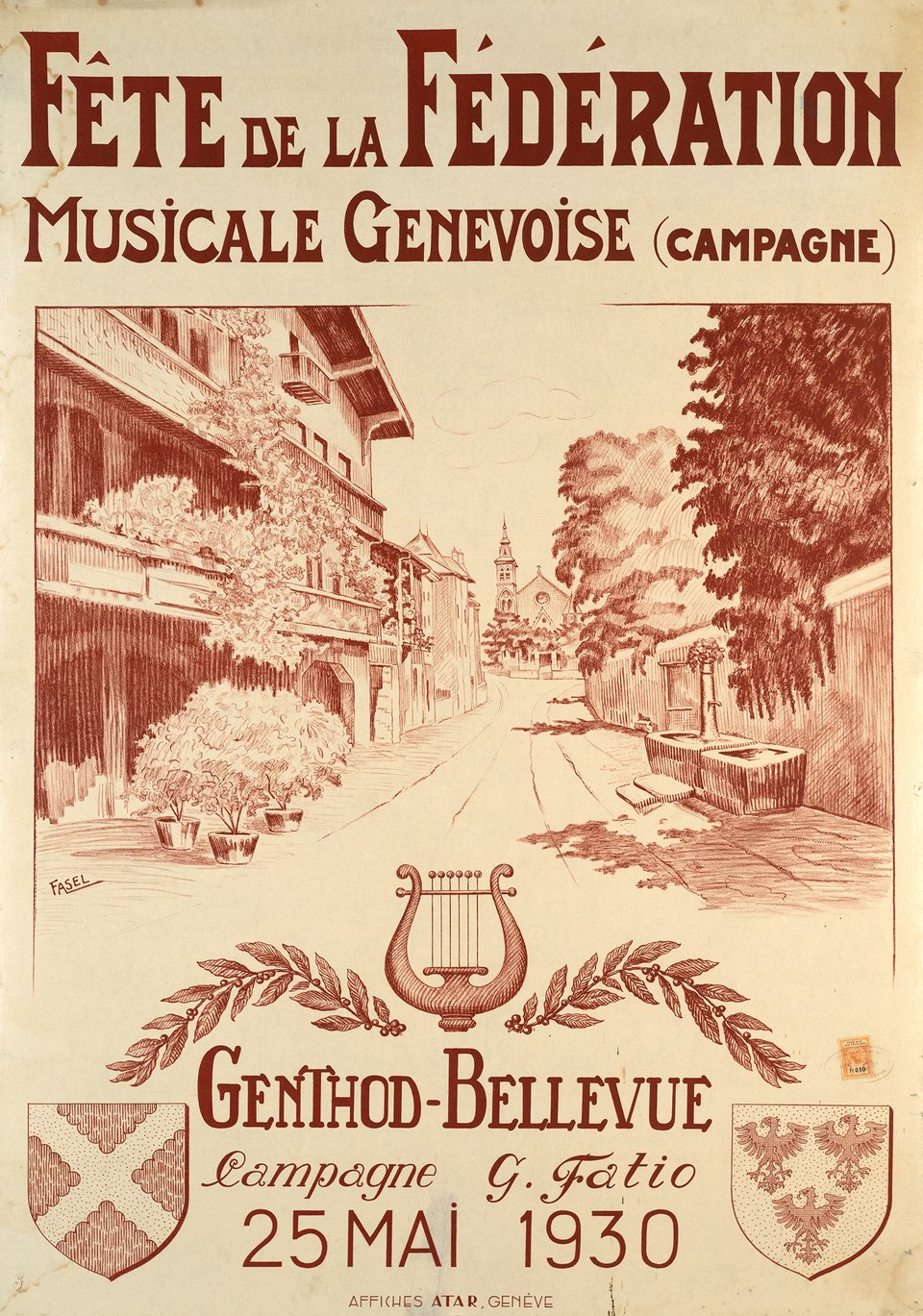 Fête de la Fédération Musicale Genevoise, Genthod-Bellevue – Affiche ancienne – FASEL – 1930