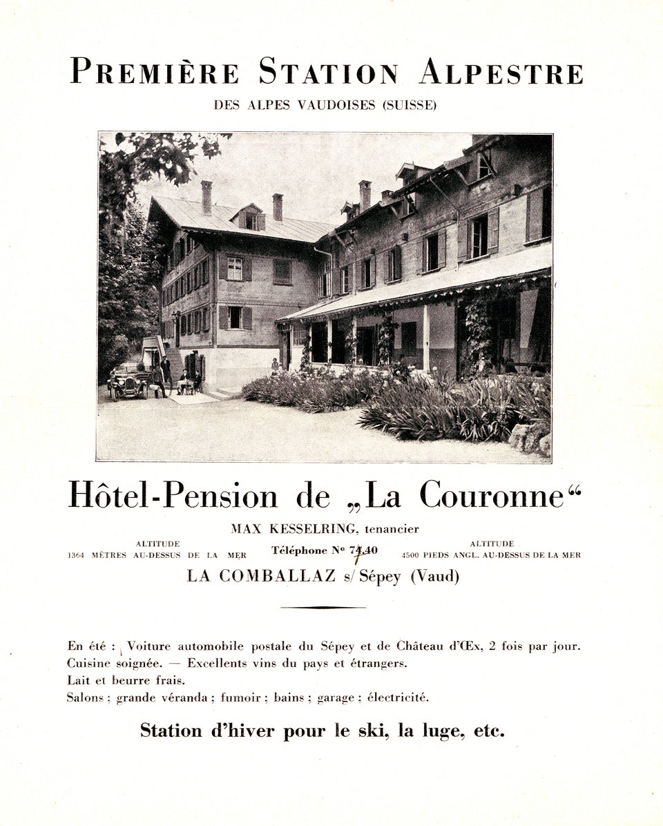 Première Station Alpestre des Alpes Vaudoises, Hôtel-Pension de La Couronne – Vintage poster – ANONYMOUS – 1915