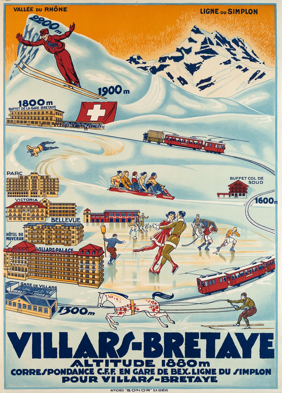 Villars-Bretaye, Hôtels et Sports – Affiche ancienne – ANONYMOUS – 1930