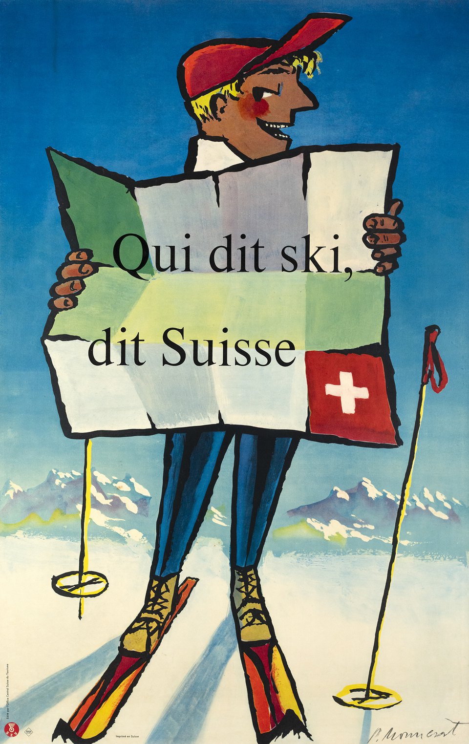 Qui dit ski, dit Suisse – Affiche ancienne – Pierre MONNERAT – 1954
