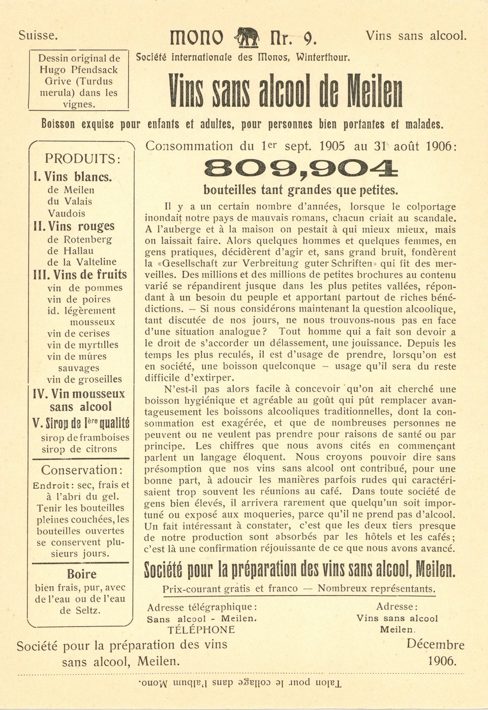 Vins sans alcool de Meilen, Carte Mono