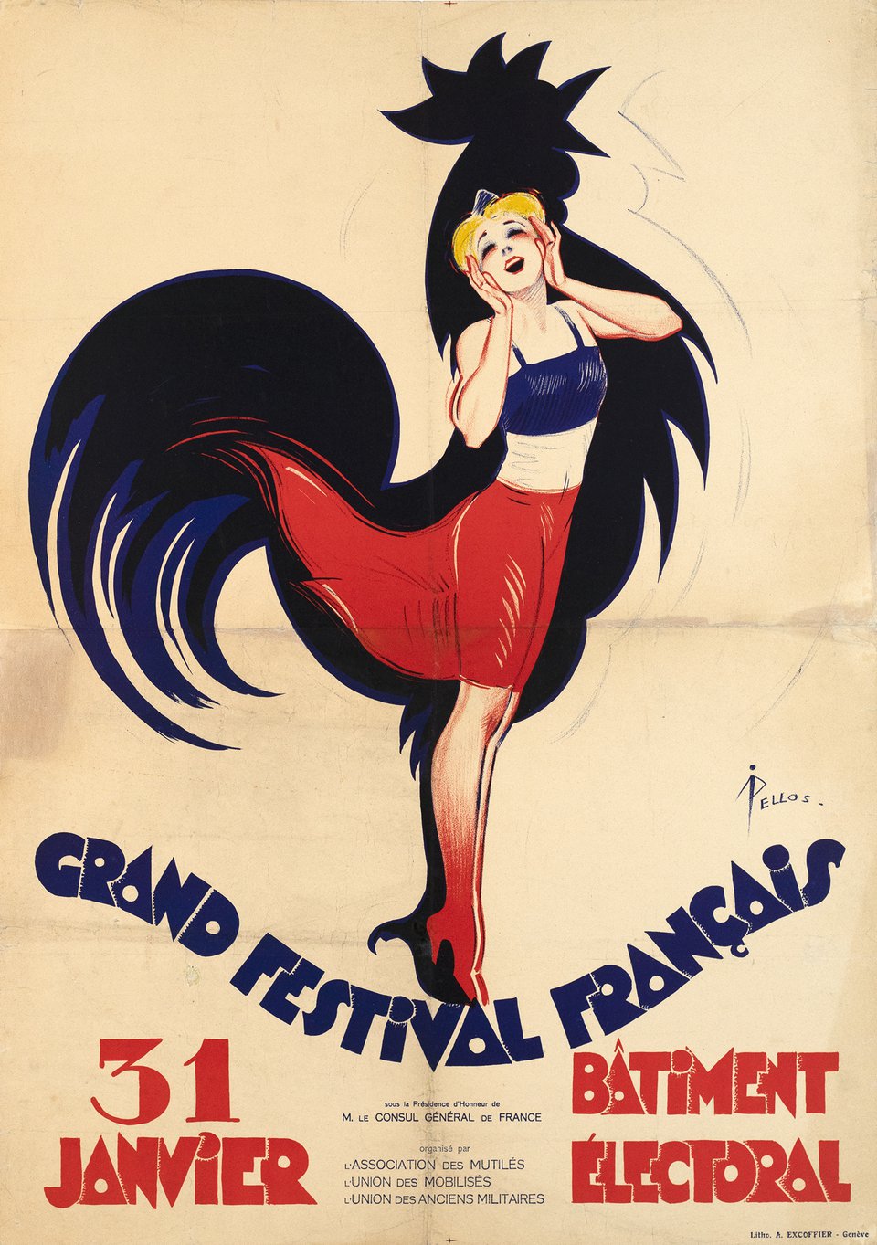 Grand Festival Français, Bâtiment Électoral – Affiche ancienne – PELLOS – 1920