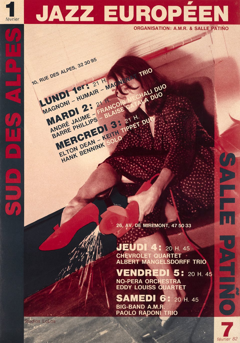 Jazz Européen, Sud des Alpes, Salle Patino – Affiche ancienne – LES STUDIO LOLOS – 1982